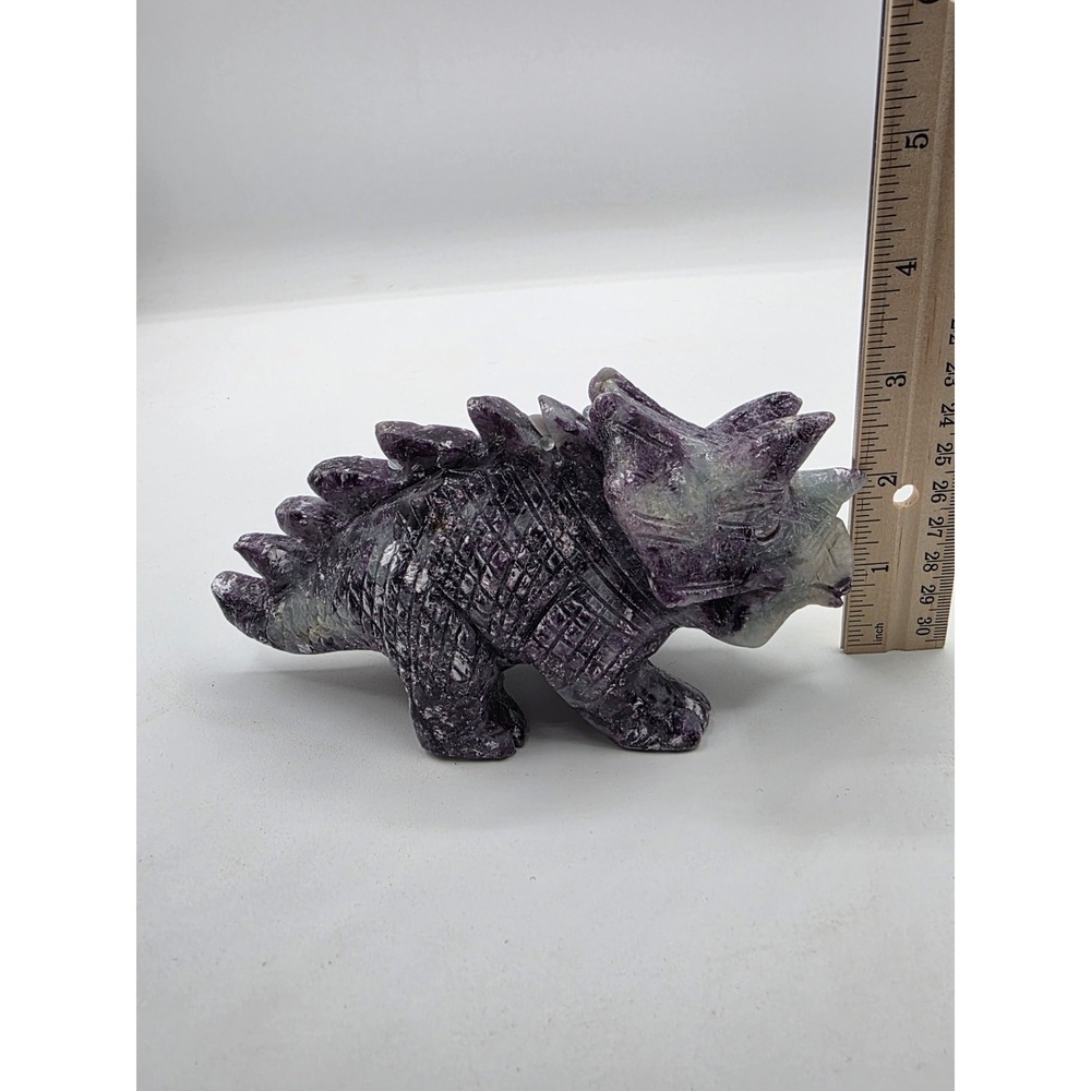 Hand Carved Pure Amethyst Triceratops. Heavy Pure Stone - Purple /White 1.51lbs